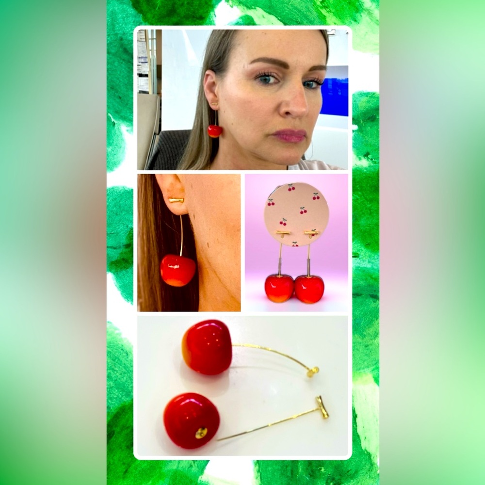 NWOT Bright Red Cherry Drop Earrings w/gold-plated posts